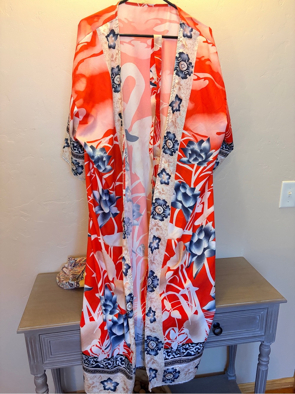 Red Floral Satin Kimono Robe